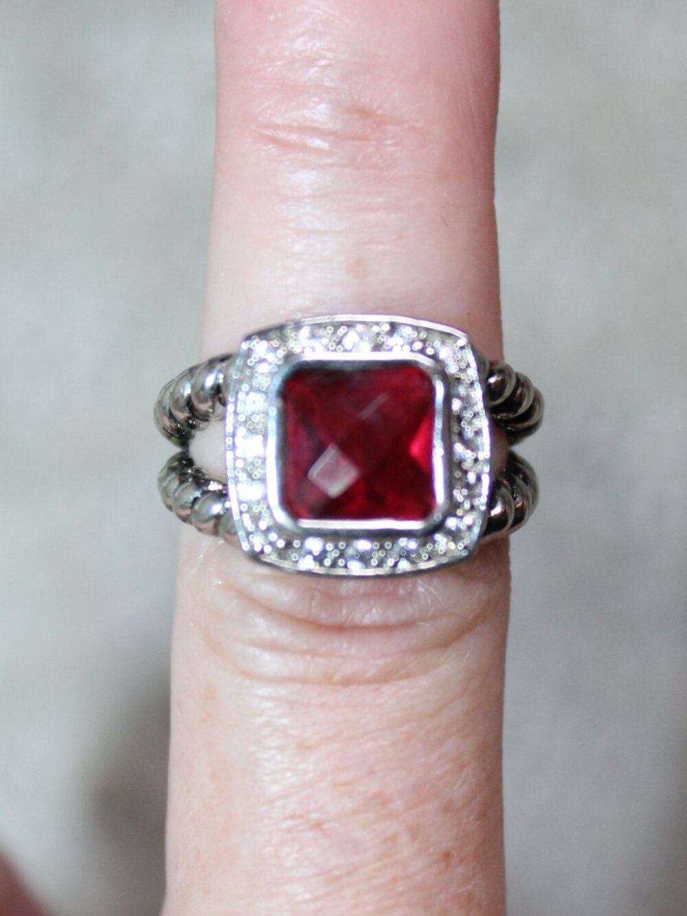 Silver-tone Size 6.5 Red Faceted Crystal Cushion Cut Halo Rope Design Band Ring